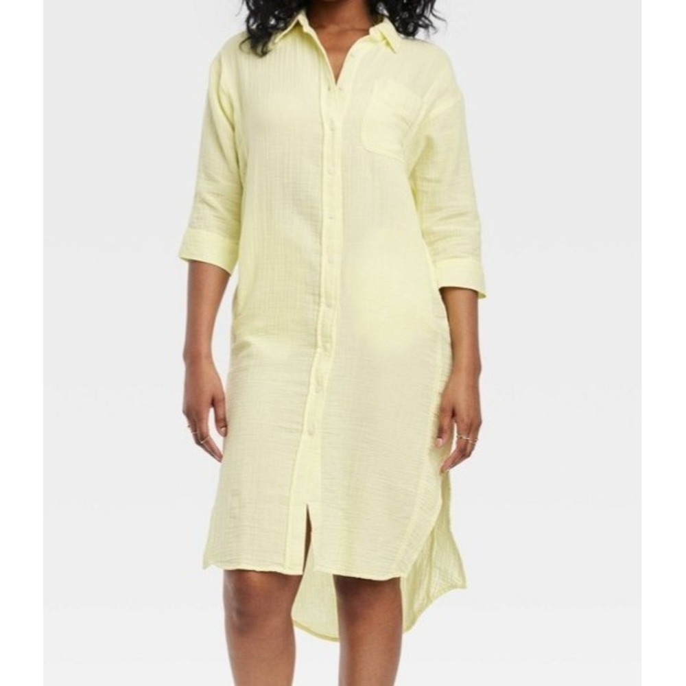 Universal Thread Women's 3/4 Sleeve gauze fabric Midi Shirtdress yellow Size L